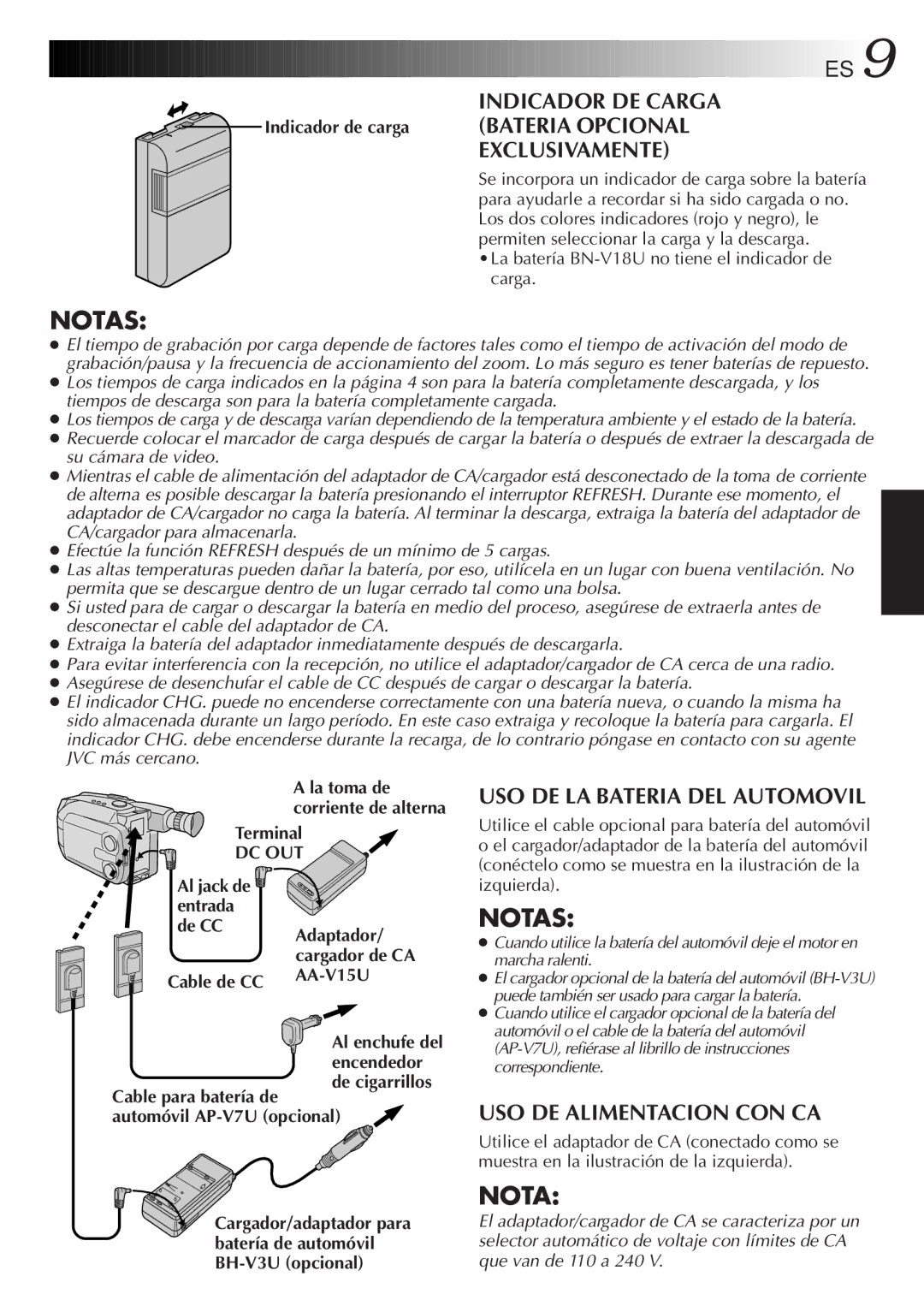 JVC GR-AXM33UM manual Indicador de carga, La batería BN-V18U no tiene el indicador de carga, Terminal, Dc Out, Izquierda 