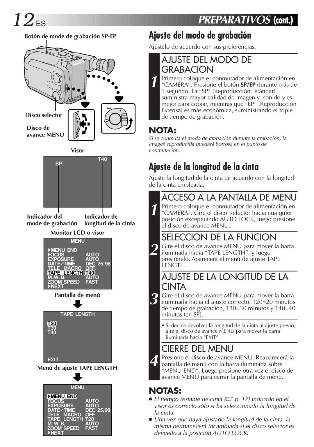 JVC GR-AXM33UM manual Ajuste del modo de grabación, Ajuste de la longitud de la cinta, Ajuste DEL Modo DE Grabacion 