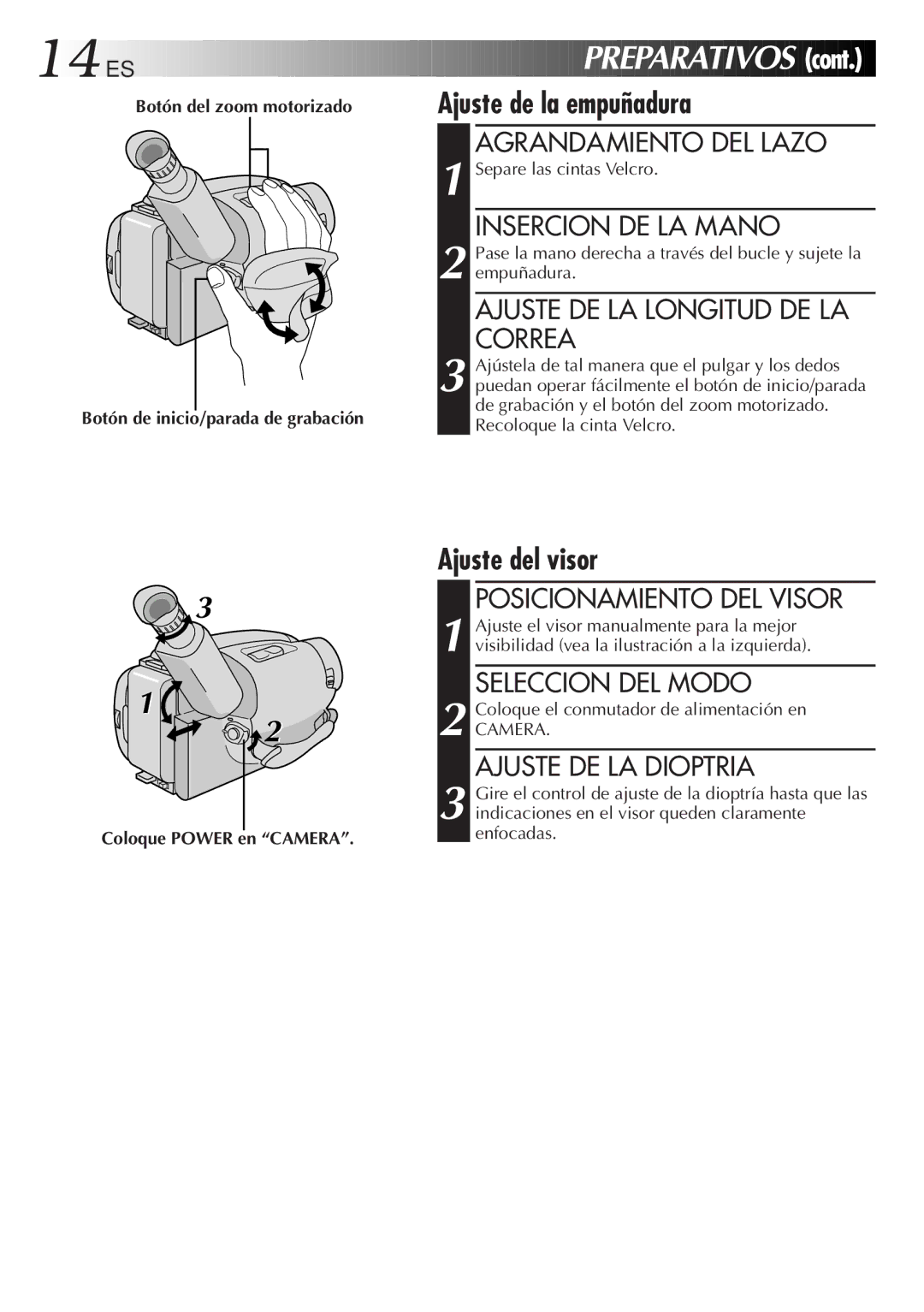 JVC GR-AXM33UM manual Preparativos, Ajuste de la empuñadura, Ajuste del visor 