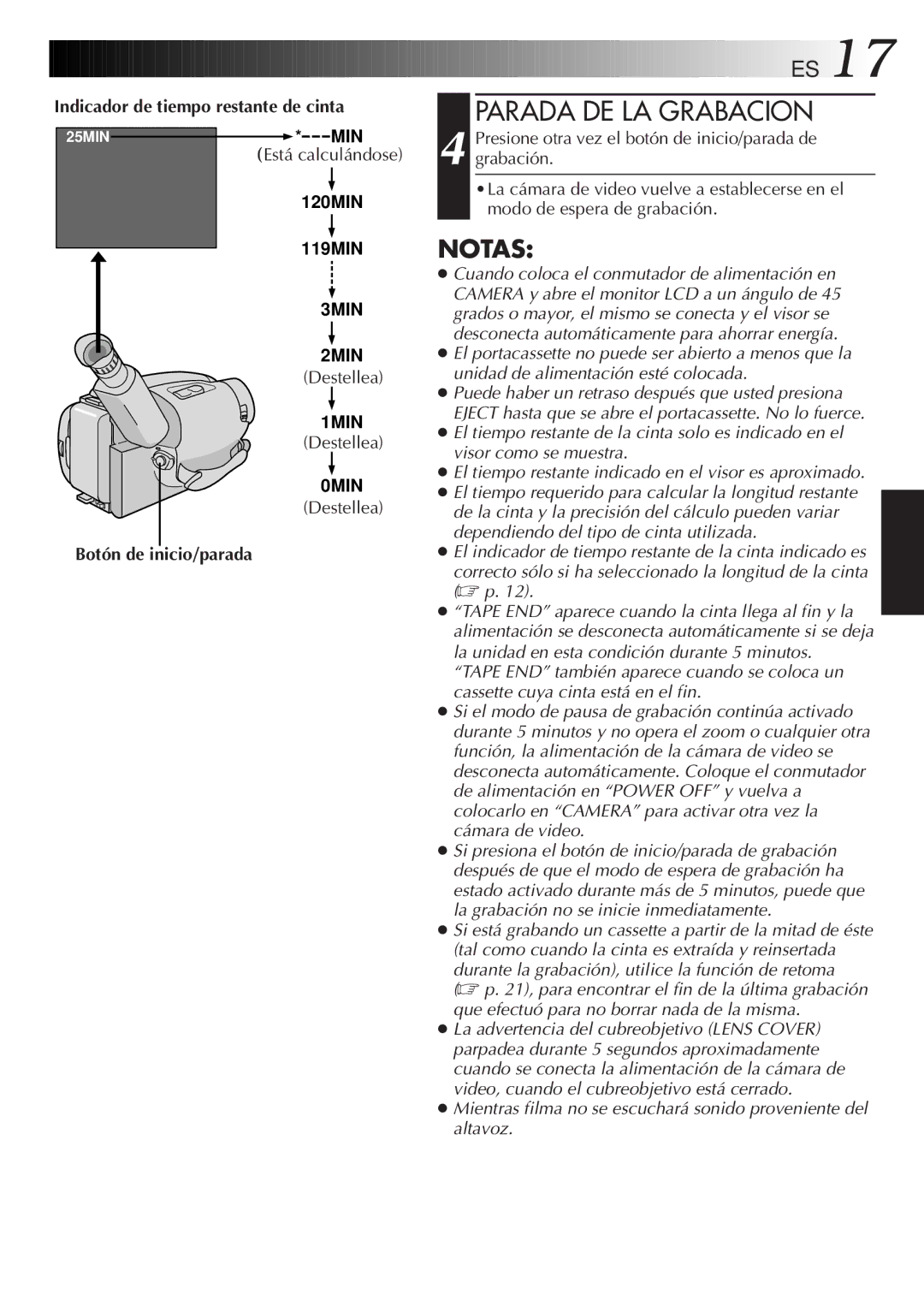 JVC GR-AXM33UM manual Parada DE LA Grabacion, Indicador de tiempo restante de cinta, Destellea 