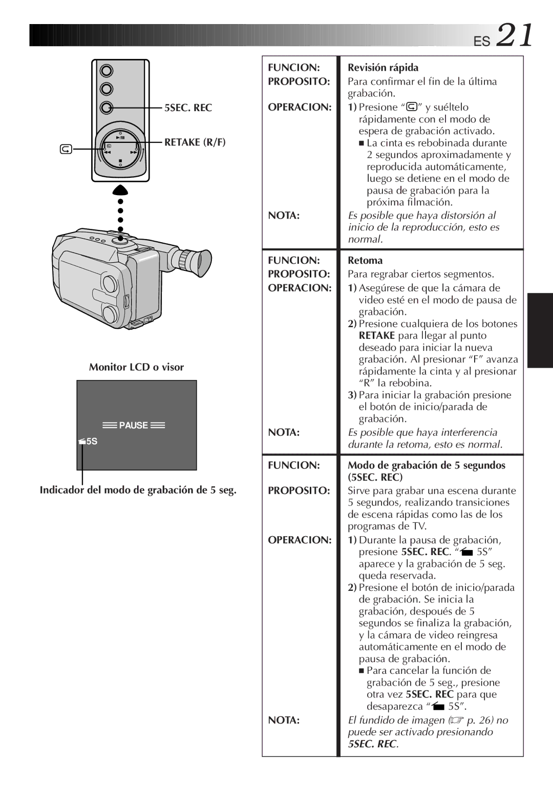 JVC GR-AXM33UM manual Funcion, Proposito, Operacion, Retoma 