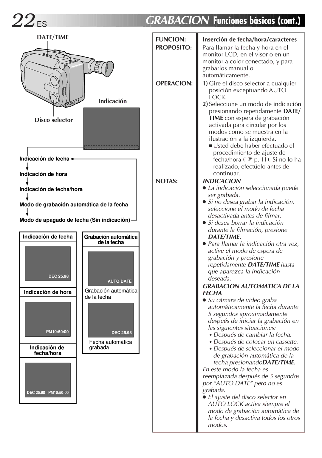 JVC GR-AXM33UM manual Indicación Disco selector, Notas 