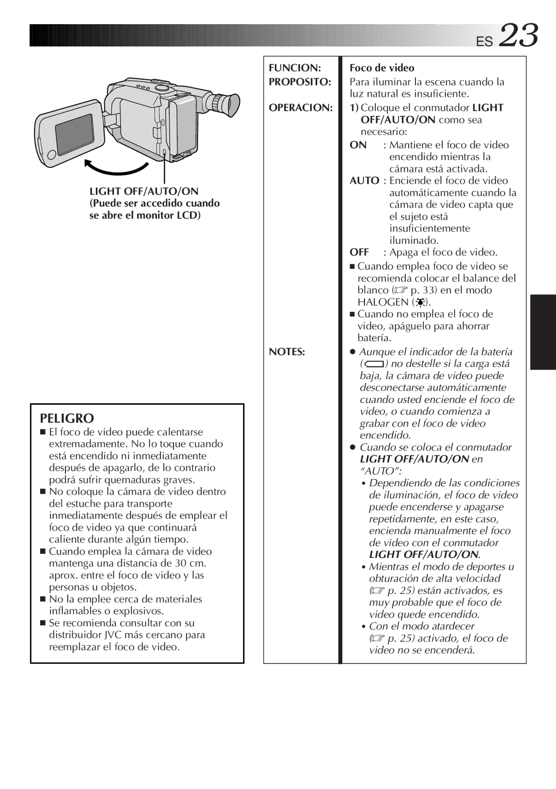 JVC GR-AXM33UM manual Foco de video, OFF/AUTO/ON como sea 