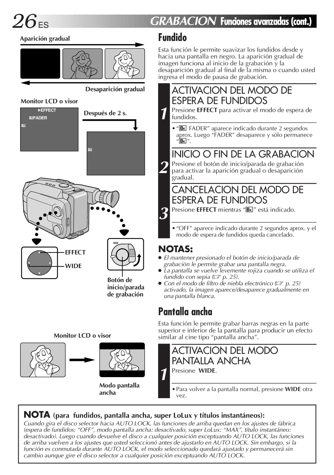 JVC GR-AXM33UM manual Fundido, Funciones avanzadas, Pantalla ancha 