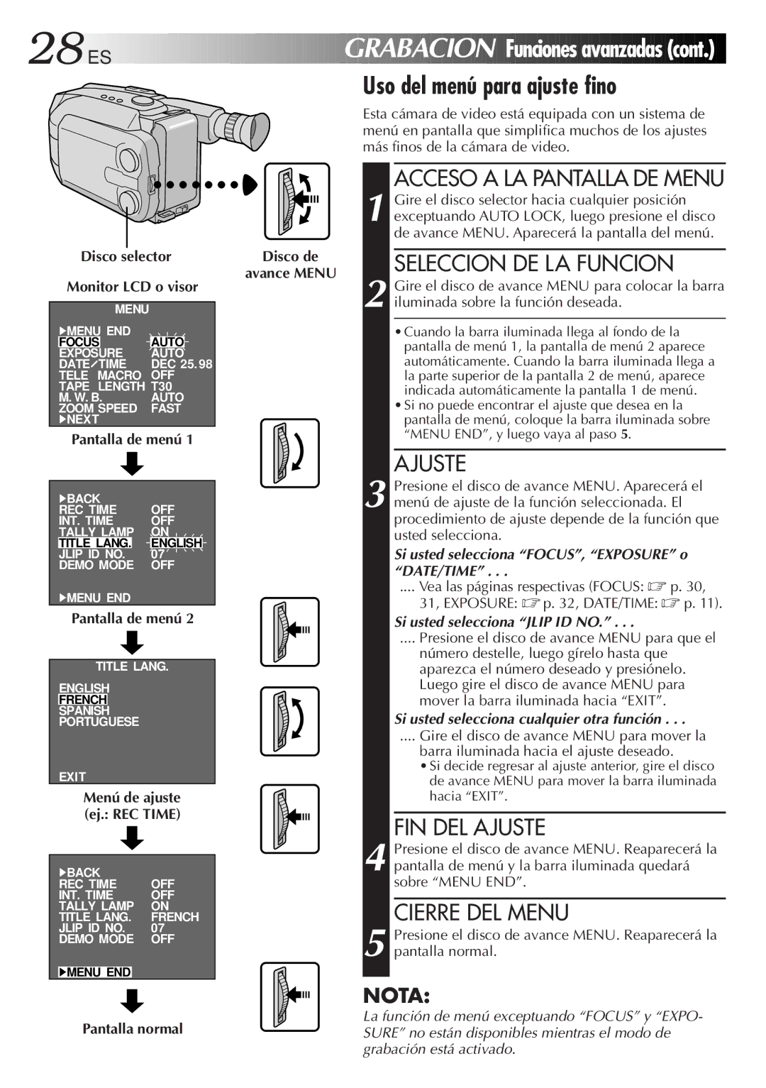 JVC GR-AXM33UM manual Pantalla de menú, Pantalla normal 