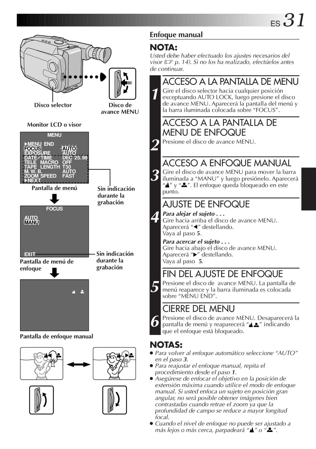 JVC GR-AXM33UM manual Disco selector Monitor LCD o visor, Pantalla de menú de enfoque Disco de Avance Menu 