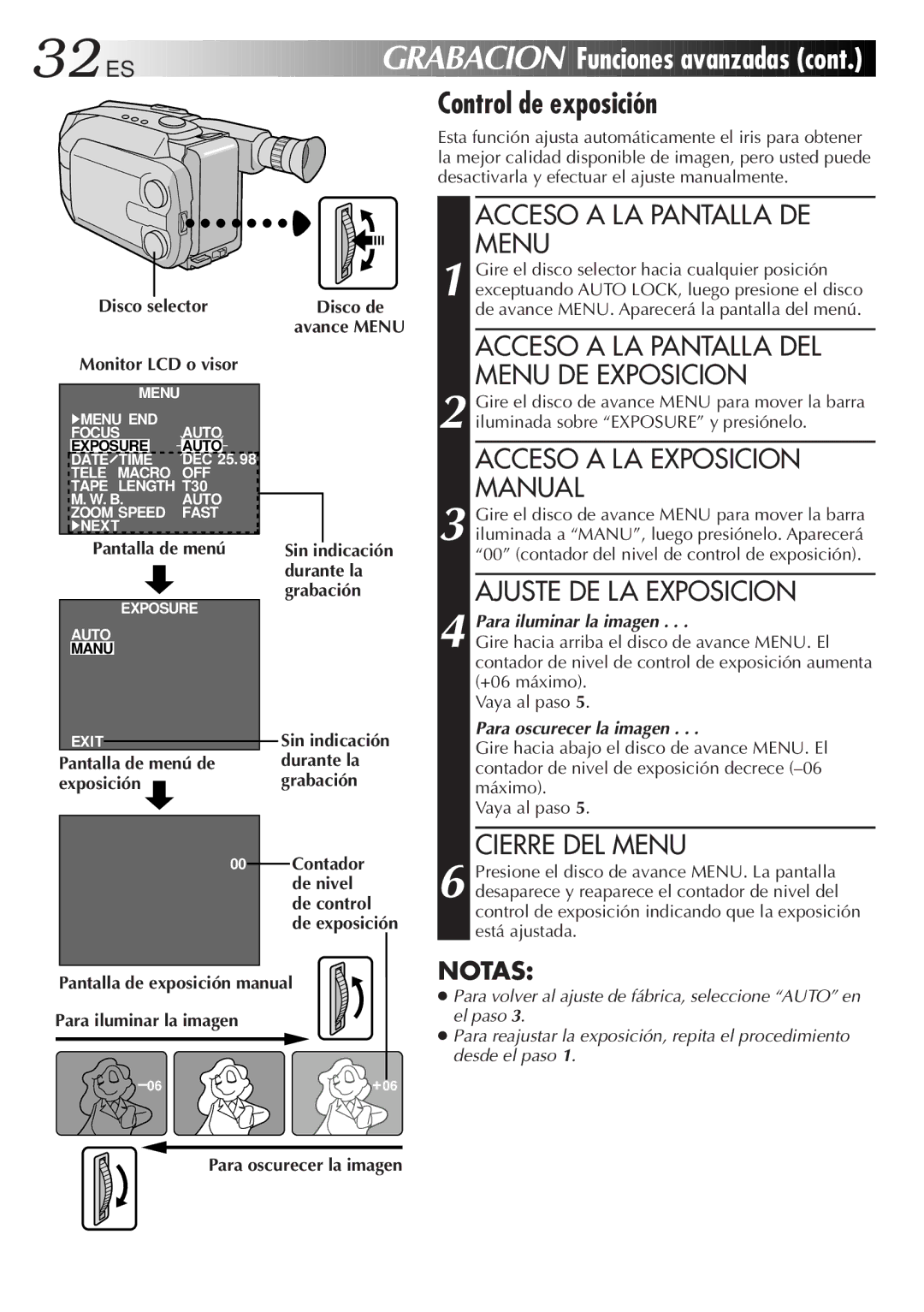 JVC GR-AXM33UM Grabacion Funciones avanzadas cont. Control de exposición, Acceso a LA Pantalla DEL Menu DE Exposicion 