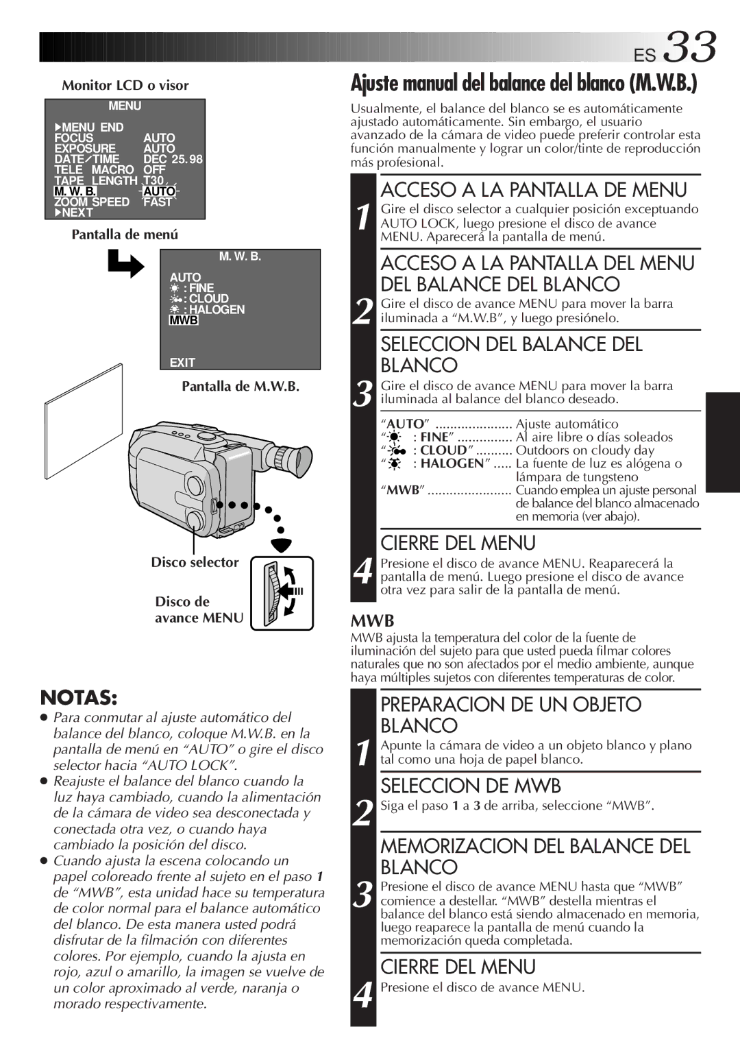 JVC GR-AXM33UM Ajuste manual del balance del blanco M.W.B, Disco selector Disco de avance Menu 