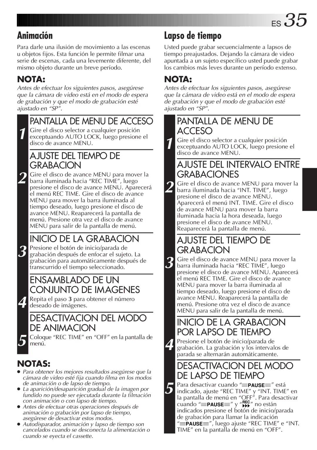 JVC GR-AXM33UM manual Animación, Lapso de tiempo 