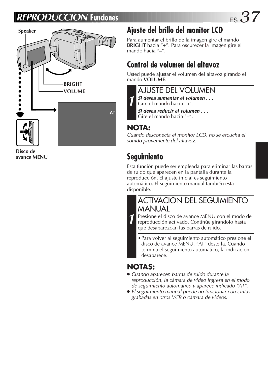 JVC GR-AXM33UM Reproduccion Funciones, Ajuste del brillo del monitor LCD, Control de volumen del altavoz, Seguimiento 