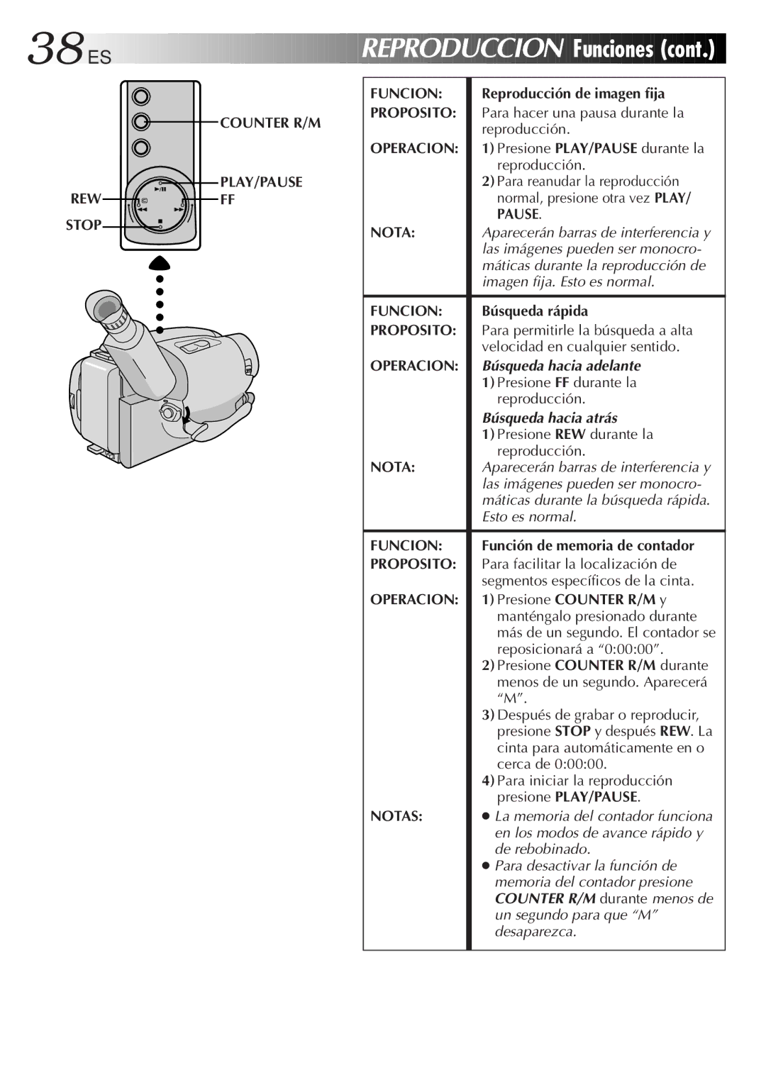 JVC GR-AXM33UM manual Reproduccion Funciones, Counter R/M PLAY/PAUSE REW FF Stop Funcion, Nota, Búsqueda hacia adelante 