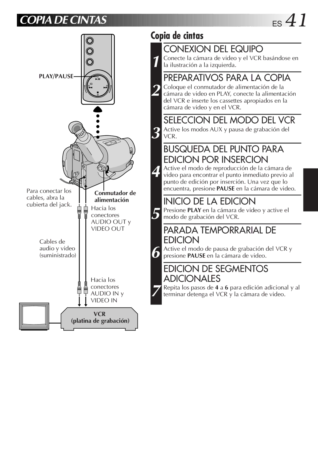 JVC GR-AXM33UM manual Hacia los conectores Audio OUT y, Hacia los conectores Audio in y, VCR platina de grabación 