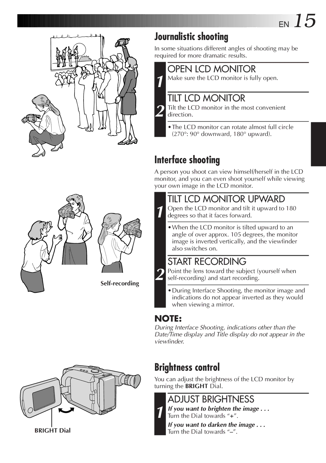 JVC GR-AXM368EG instruction manual Journalistic shooting, Interface shooting, Brightness control 