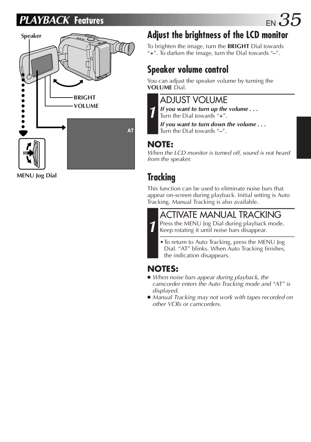 JVC GR-AXM368EG instruction manual Speaker volume control, Adjust Volume, Activate Manual Tracking, Bright Volume 