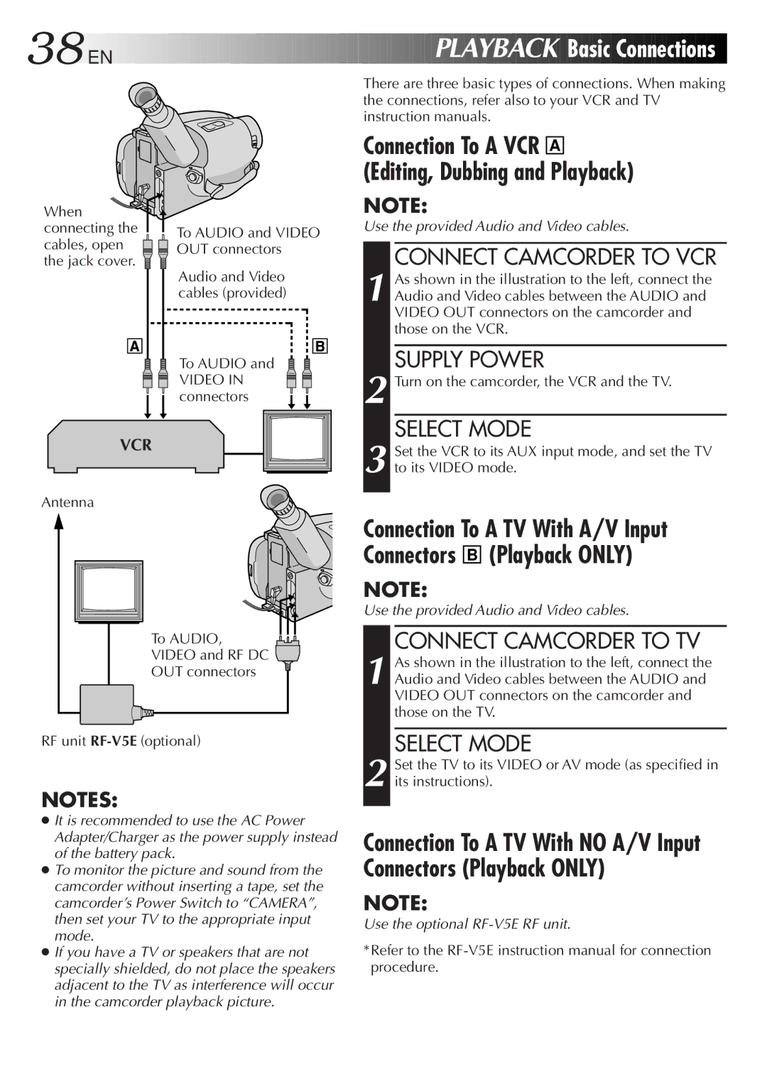 JVC GR-AXM368EG instruction manual Basic Connections, Connect Camcorder to VCR, Connect Camcorder to TV 