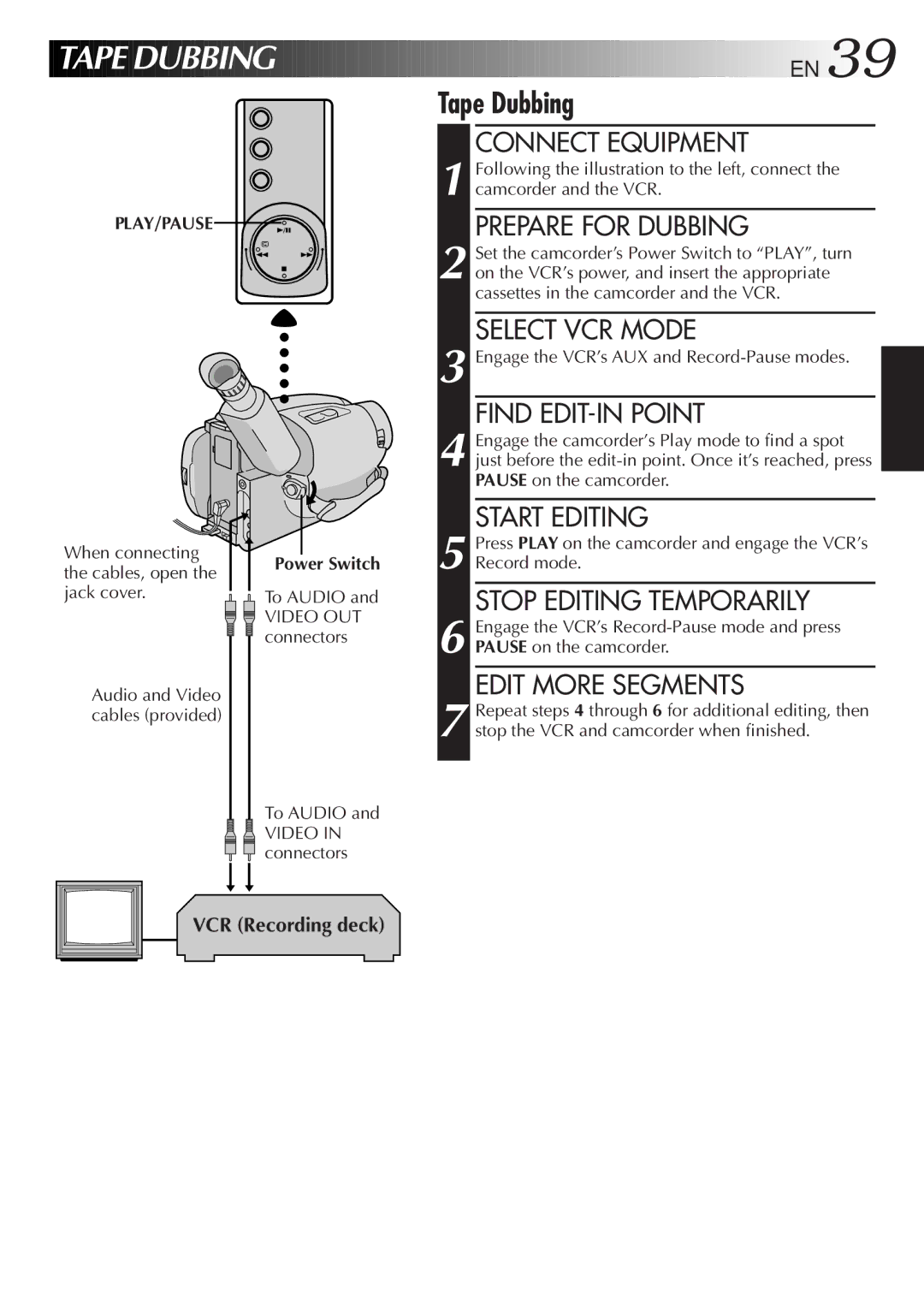 JVC GR-AXM368EG instruction manual Play/Pause, Power Switch 