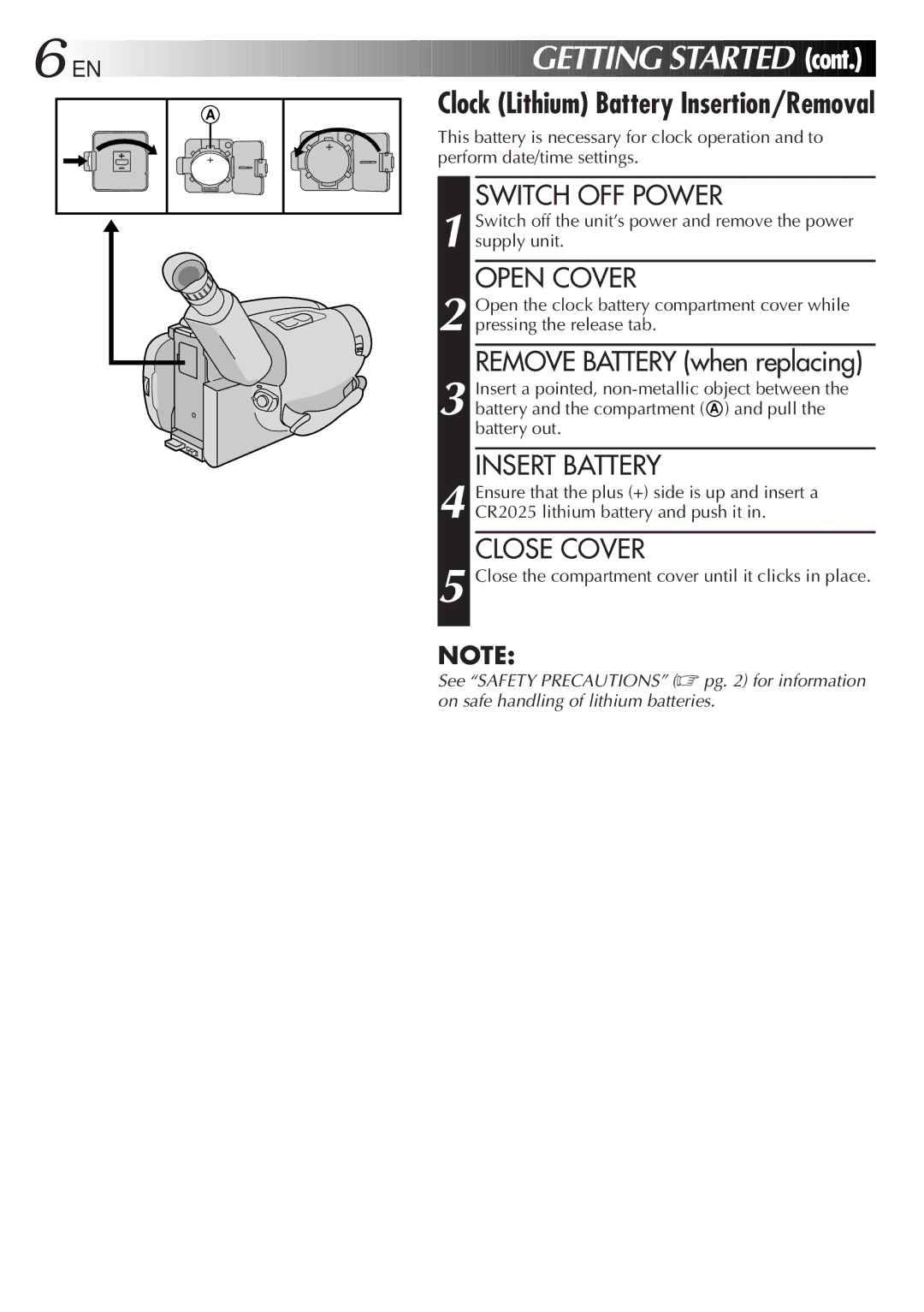 JVC GR-AXM368EG instruction manual Insert Battery, Close Cover 