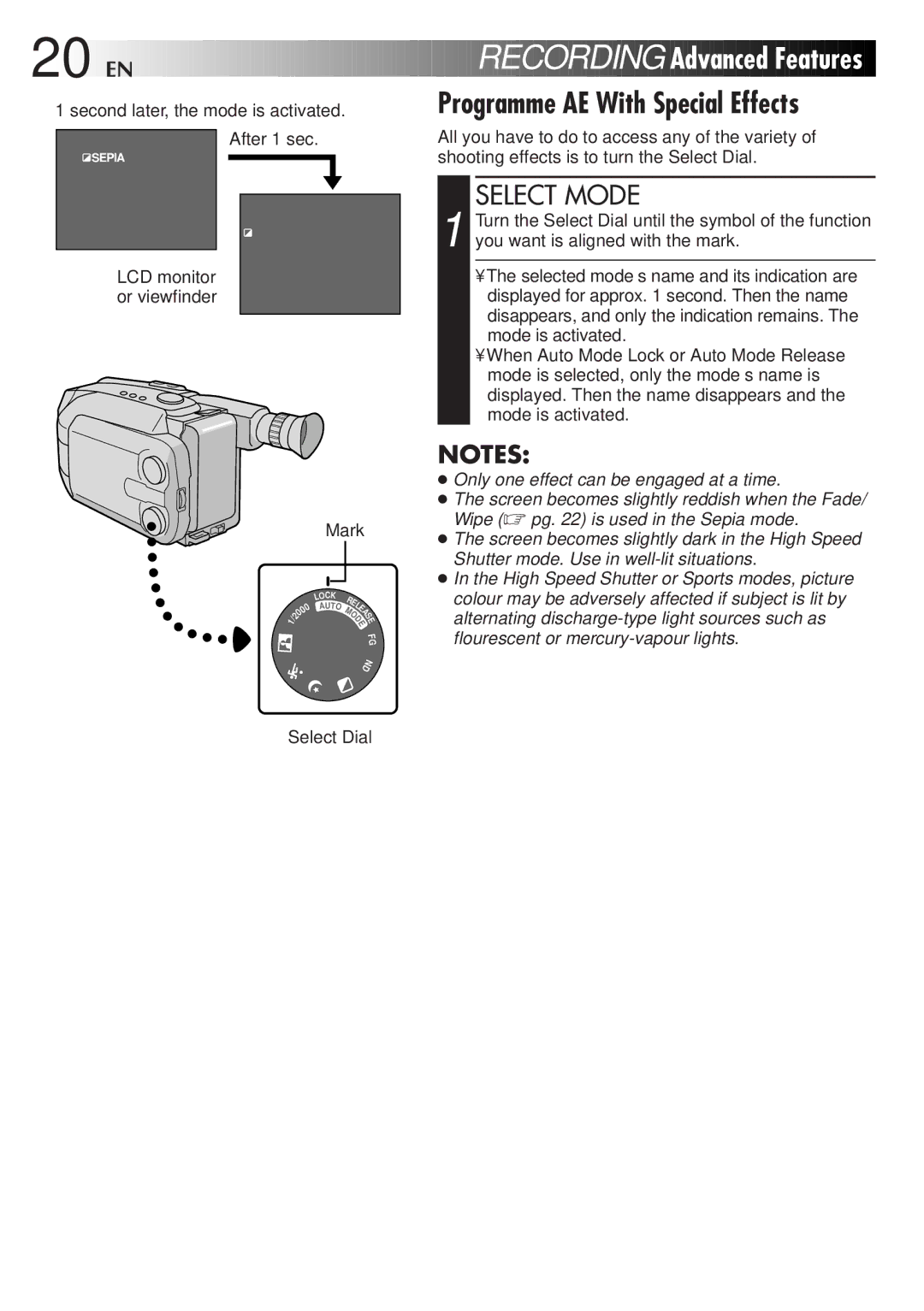 JVC GR-AXM38EG instruction manual Recording Advanced Features, Programme AE With Special Effects, After 1 sec, Mark 