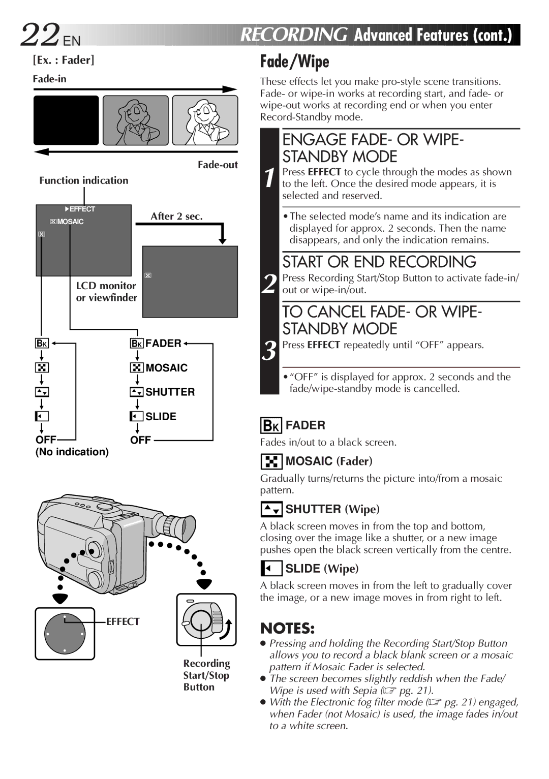 JVC GR-AXM38EG instruction manual Fade/Wipe, Advanced Features, Engage FADE- or Wipe Standby Mode, Start or END Recording 