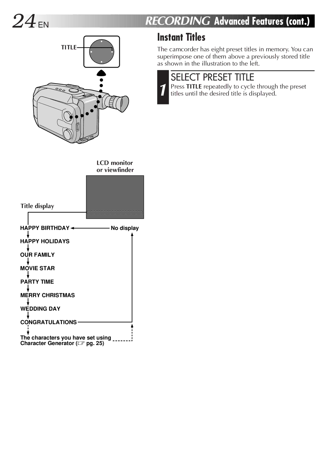 JVC GR-AXM38EG instruction manual Select Preset Title, Title display 