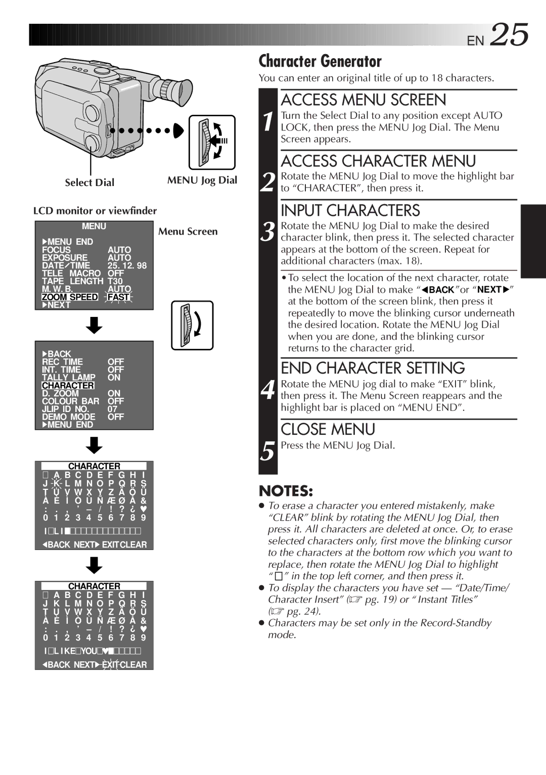 JVC GR-AXM38EG instruction manual END Character Setting, Close Menu, Menu Jog Dial Menu Screen 