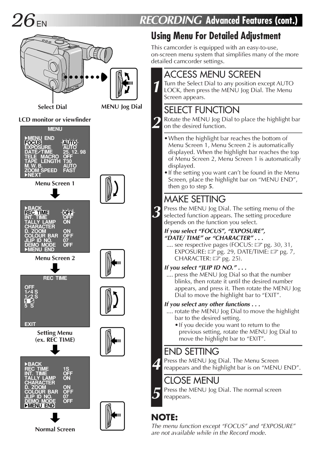 JVC GR-AXM38EG Using Menu For Detailed Adjustment, Access Menu Screen, Select Function, Make Setting, END Setting 