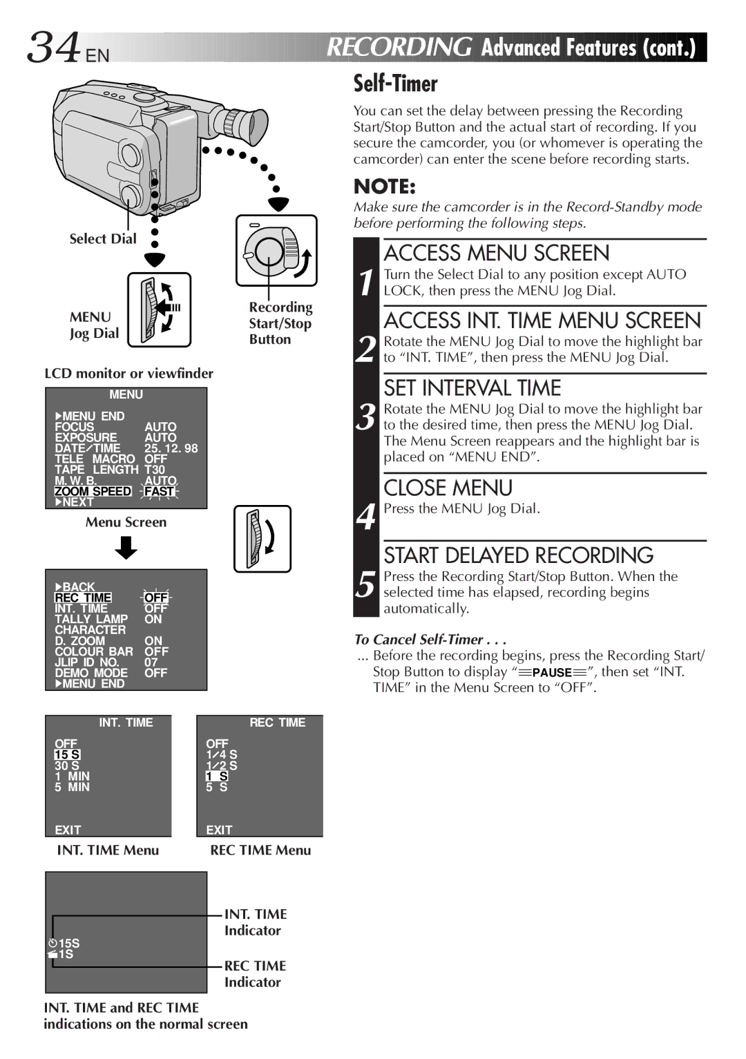 JVC GR-AXM38EG instruction manual INT. Time Menu, REC Time Menu, Indicator 