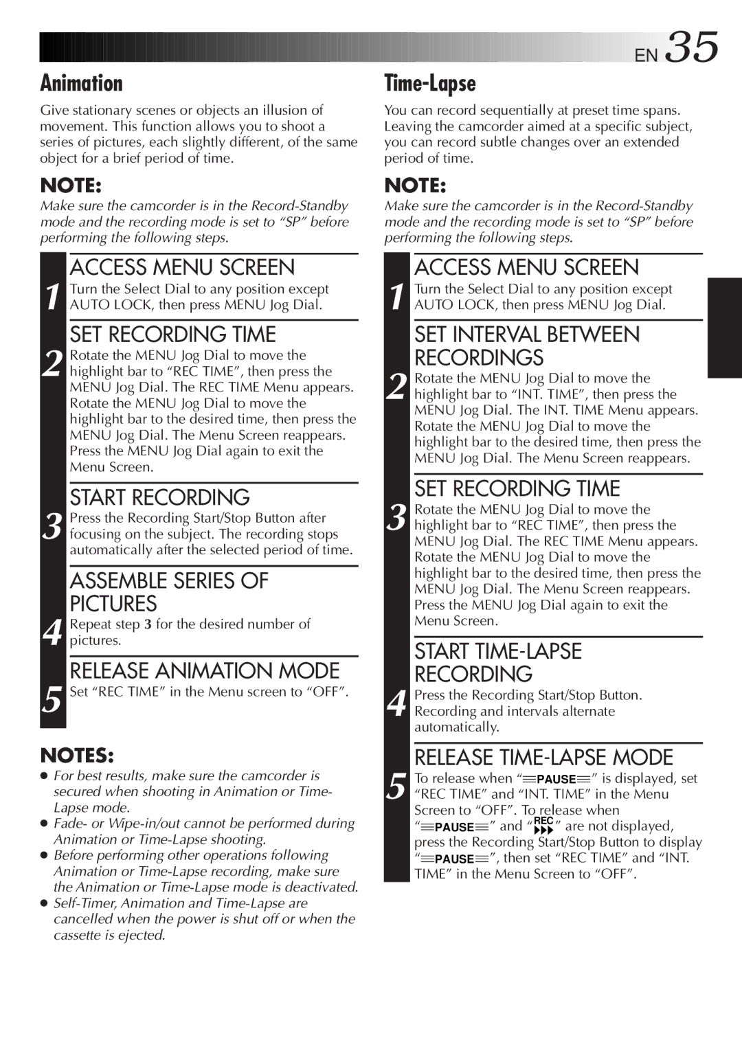 JVC GR-AXM38EG instruction manual Time-Lapse, Release Animation Mode, SET Interval Between Recordings, SET Recording Time 