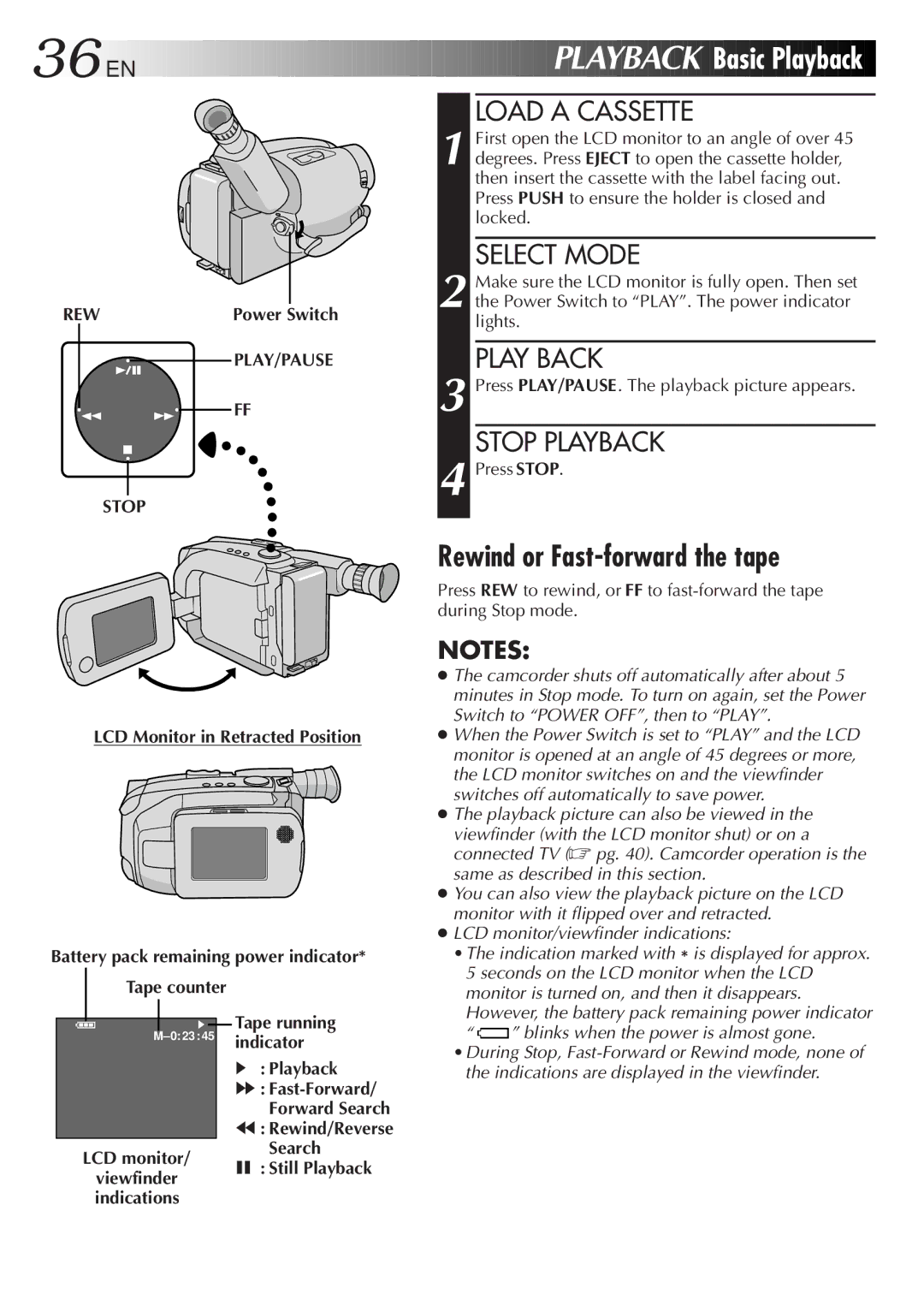 JVC GR-AXM38EG instruction manual Basic Playback, Rewind or Fast-forward the tape, Play Back, Stop Playback 