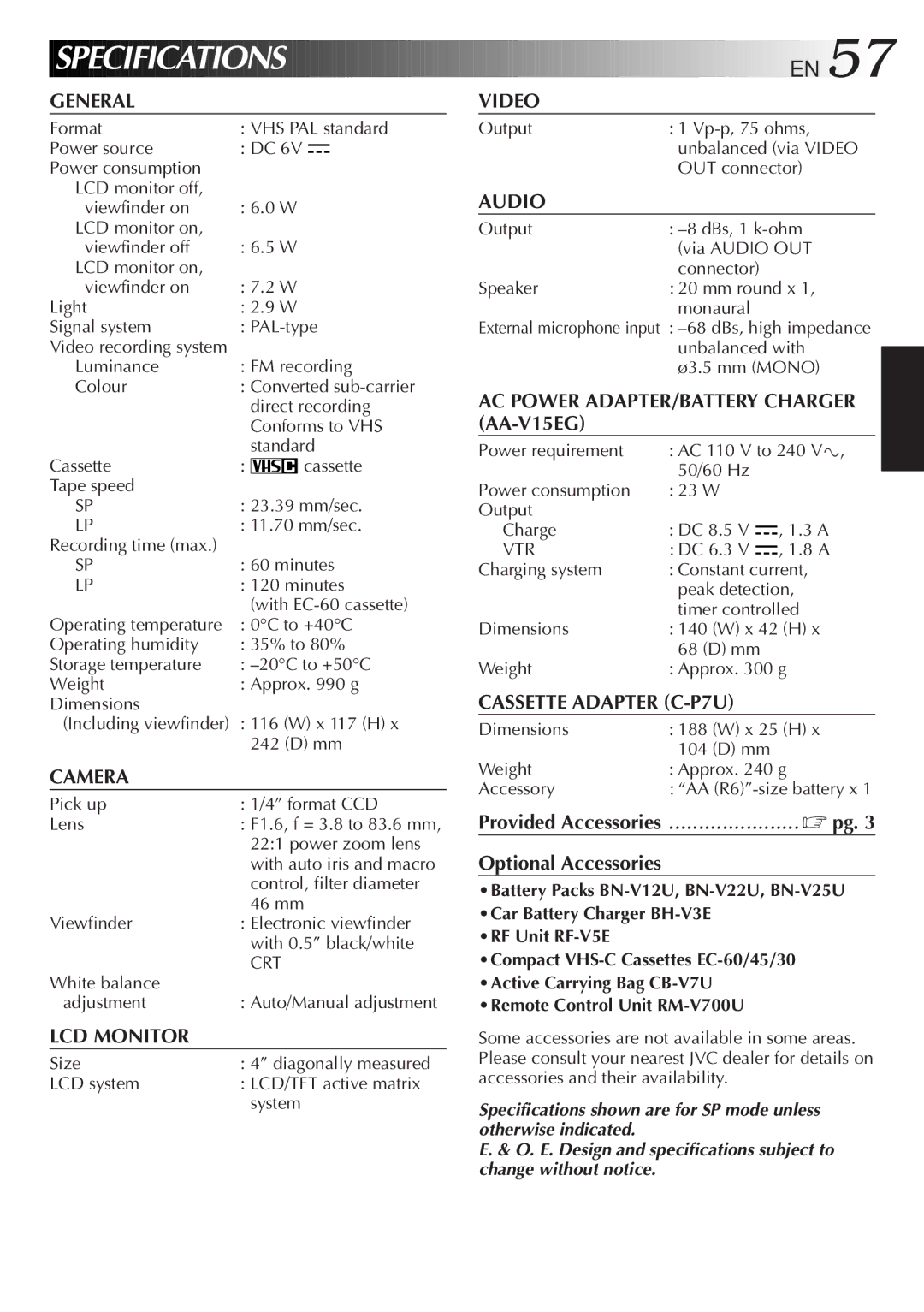 JVC GR-AXM38EG instruction manual Specifications 