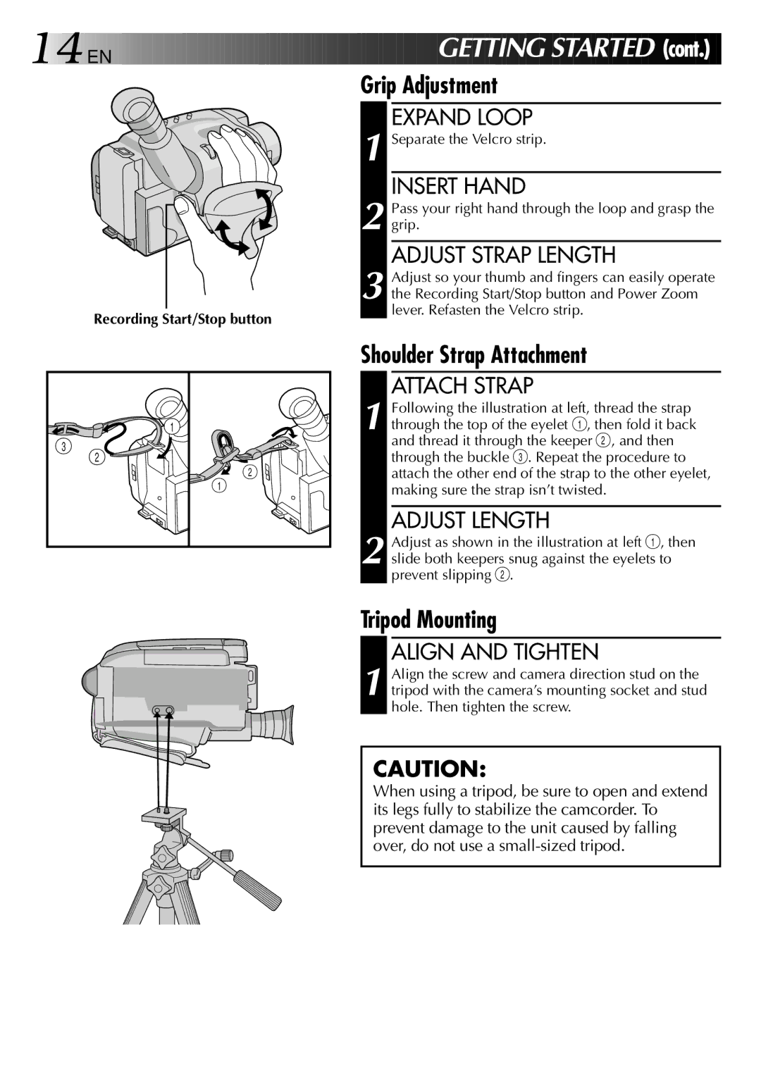 JVC GR-AXM40 manual Grip Adjustment, Shoulder Strap Attachment, Tripod Mounting 