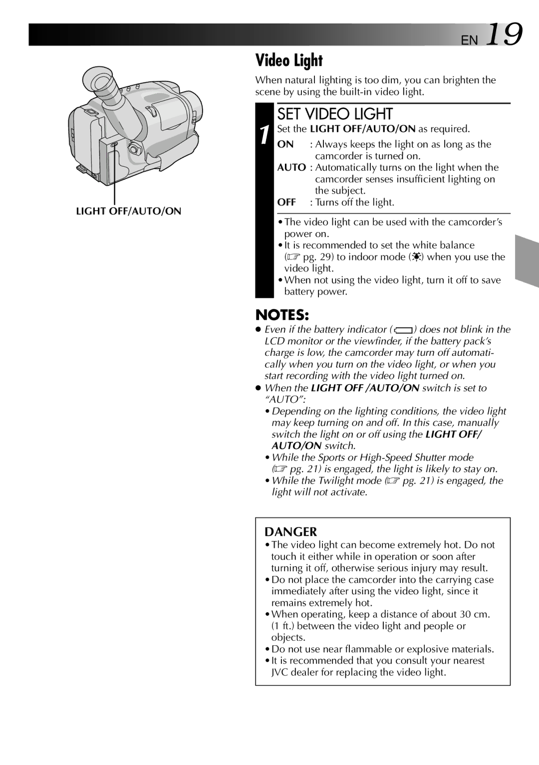 JVC GR-AXM40 manual SET Video Light, Light OFF/AUTO/ON, JVC dealer for replacing the video light 