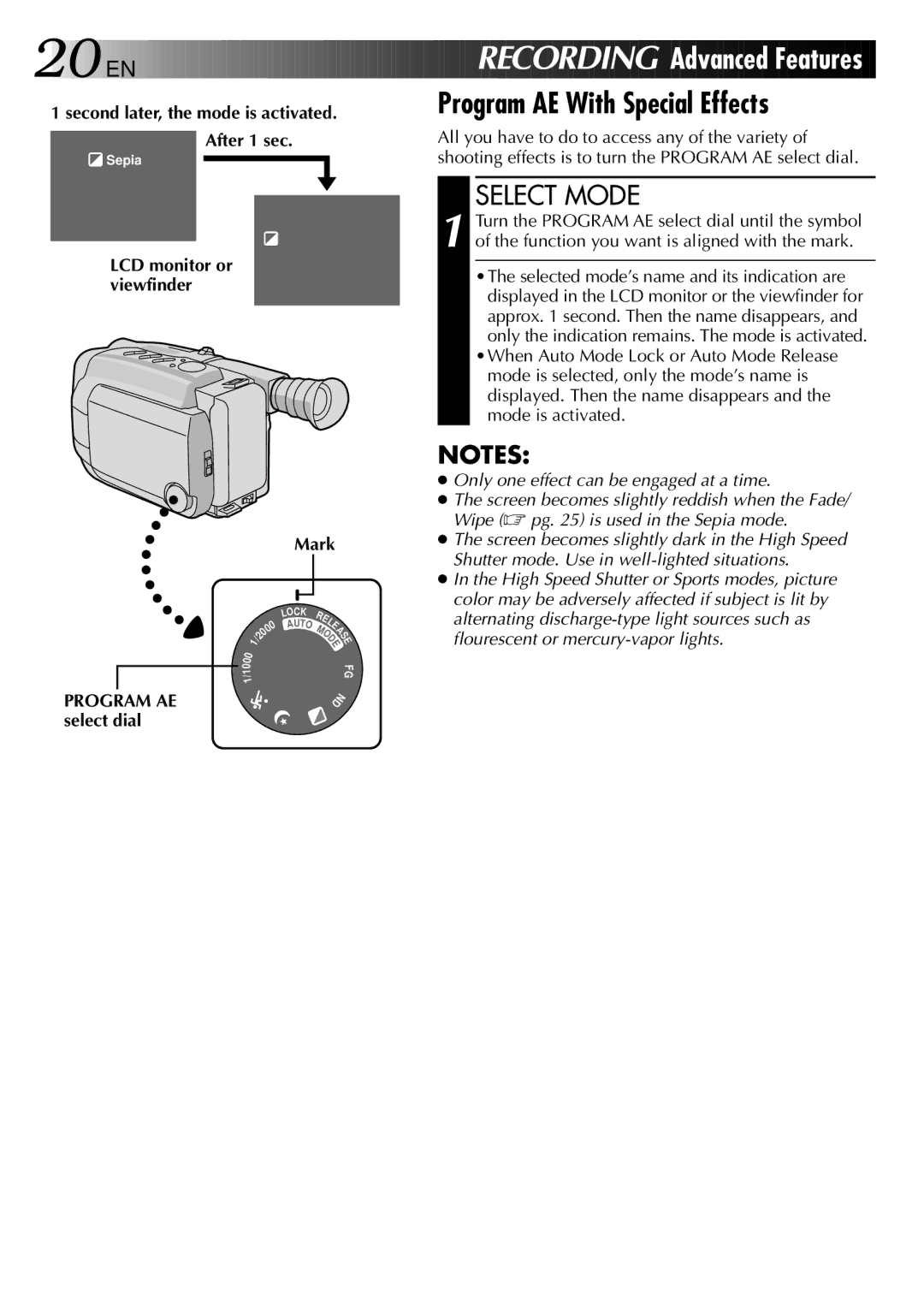JVC GR-AXM40 manual Program AE With Special Effects, After 1 sec, Mark, Program AE select dial 