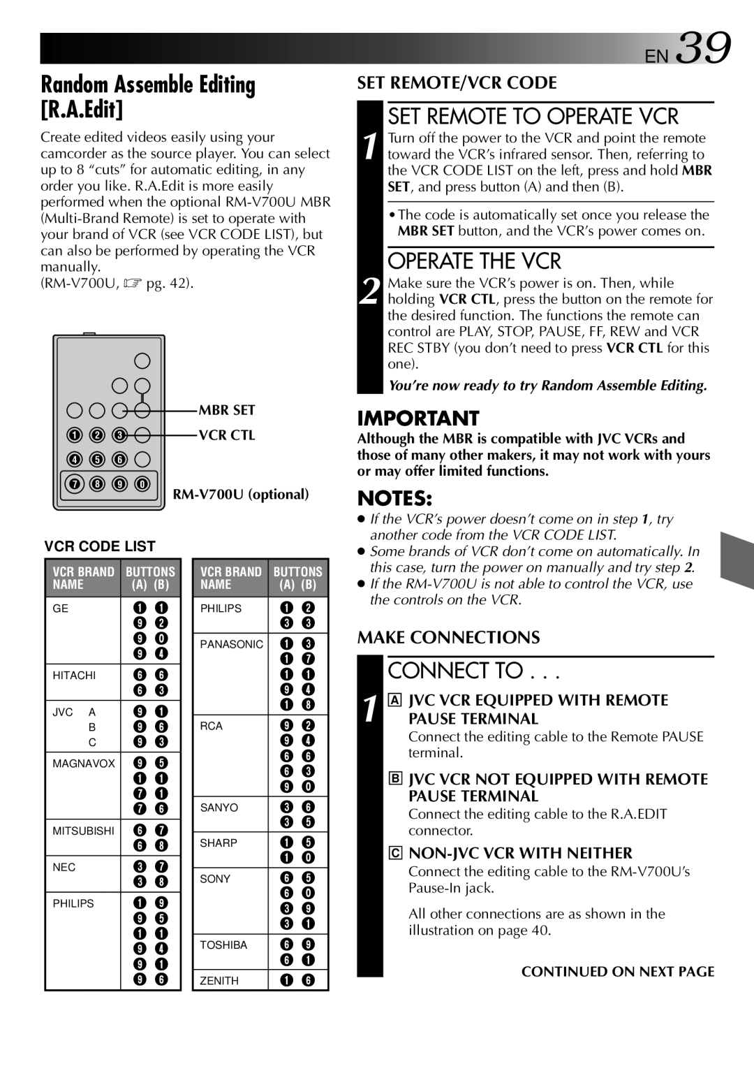 JVC GR-AXM40 manual Random Assemble Editing R.A.Edit, SET Remote to Operate VCR, Operate the VCR, Connect to, On Next 