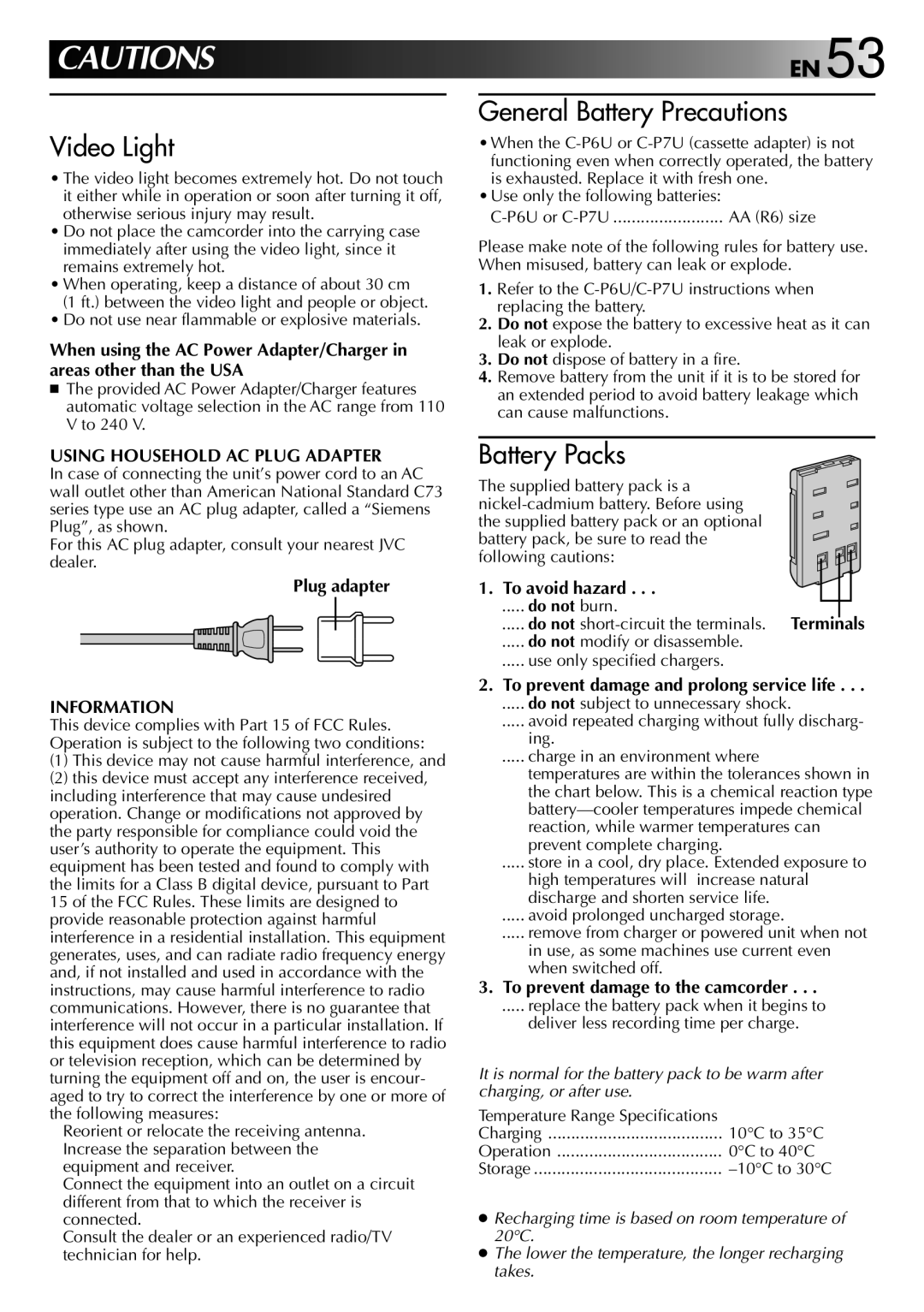 JVC GR-AXM40 manual Using Household AC Plug Adapter, Plug adapter, To avoid hazard, Information 