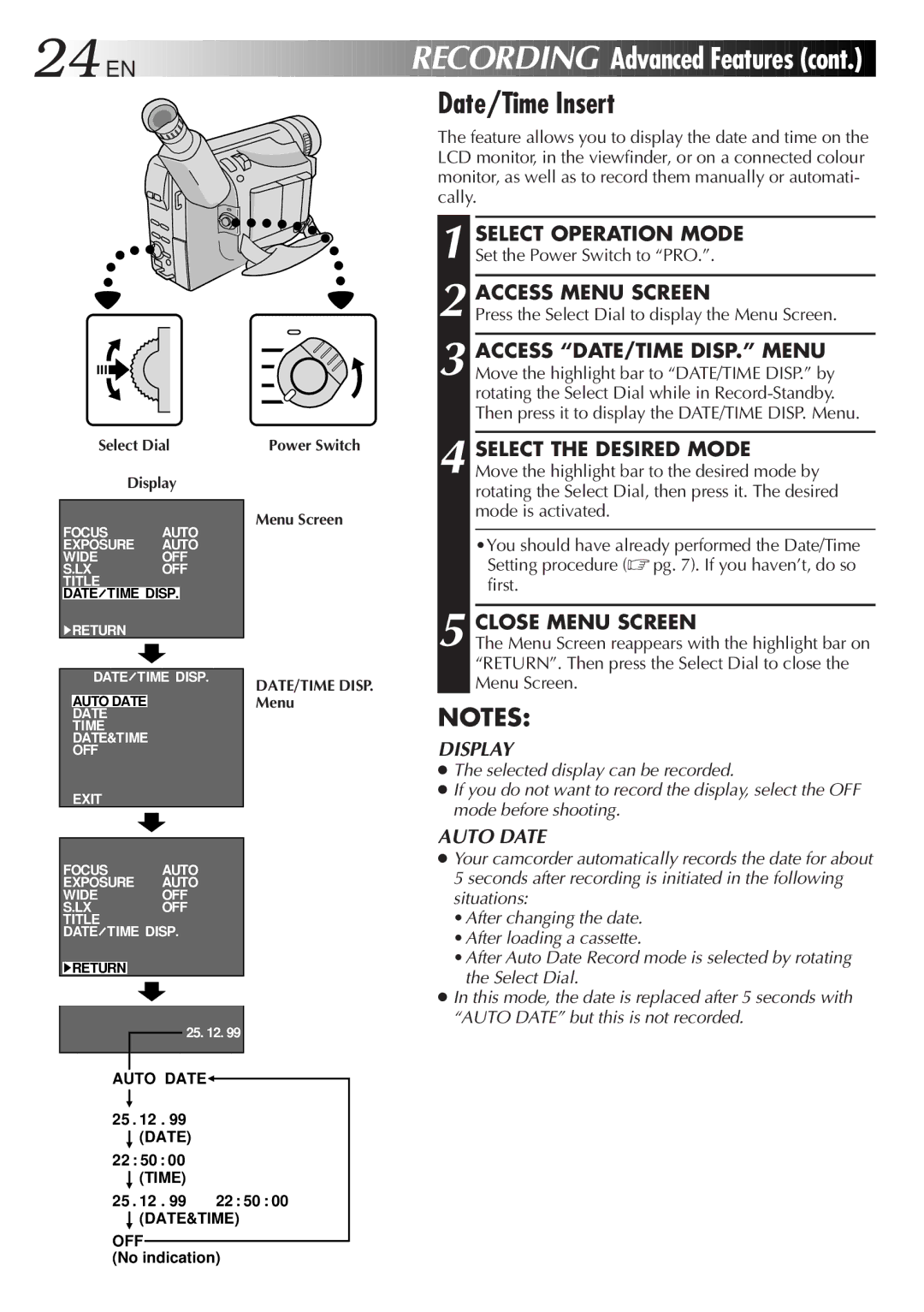 JVC GR-AXM405, GR-AXM205 manual Date/Time Insert, Press the Select Dial to display the Menu Screen 