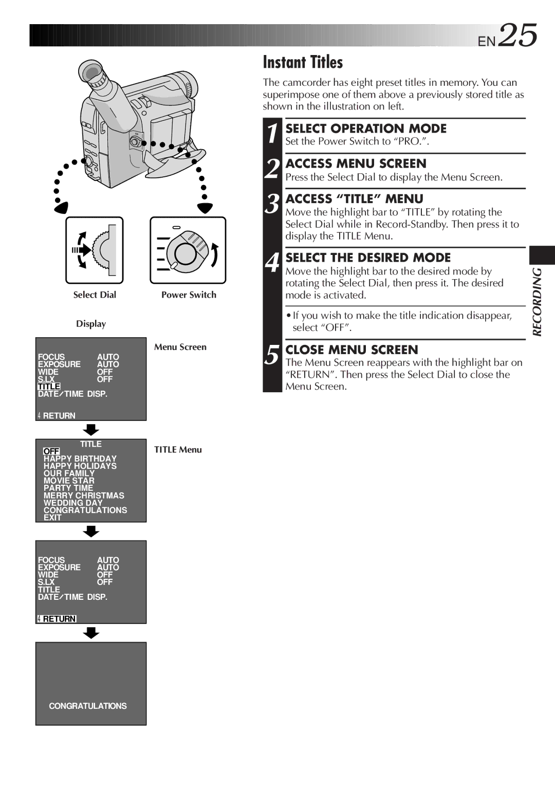 JVC GR-AXM205, GR-AXM405 manual Instant Titles, Access Title Menu, Select the Desired Mode 