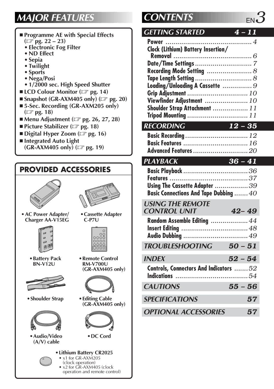 JVC GR-AXM205, GR-AXM405 manual Contents 