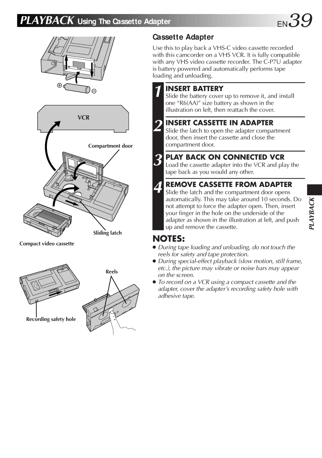 JVC GR-AXM205, GR-AXM405 manual Using The Cassette Adapter EN39, Insert Battery 