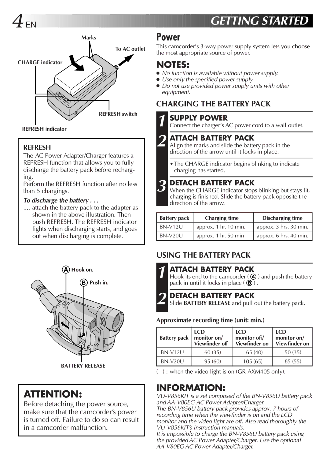 JVC GR-AXM405, GR-AXM205 manual Power, Charging the Battery Pack, Using the Battery Pack 