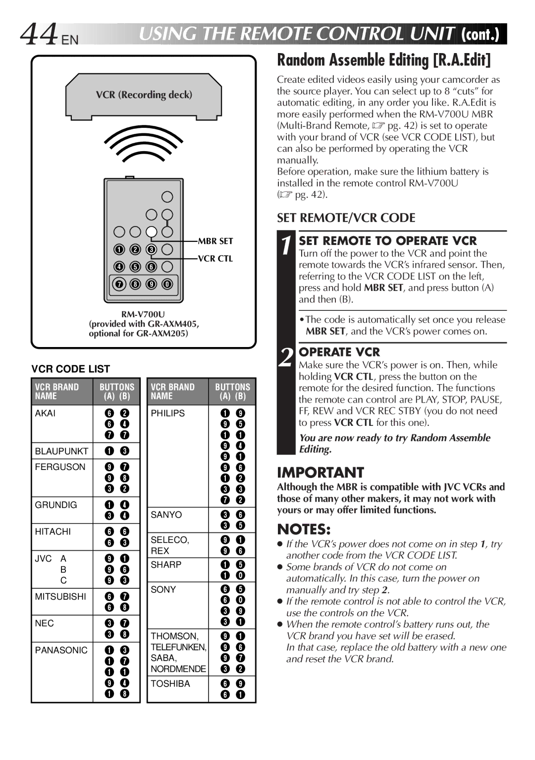 JVC GR-AXM405, GR-AXM205 manual Using the Remote Control Unit, SET REMOTE/VCR Code, Operate VCR 