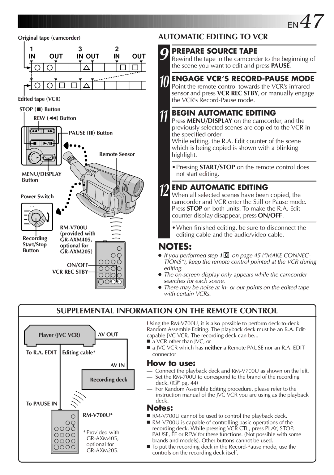 JVC GR-AXM205, GR-AXM405 manual Automatic Editing to VCR, Supplemental Information on the Remote Control, How to use 