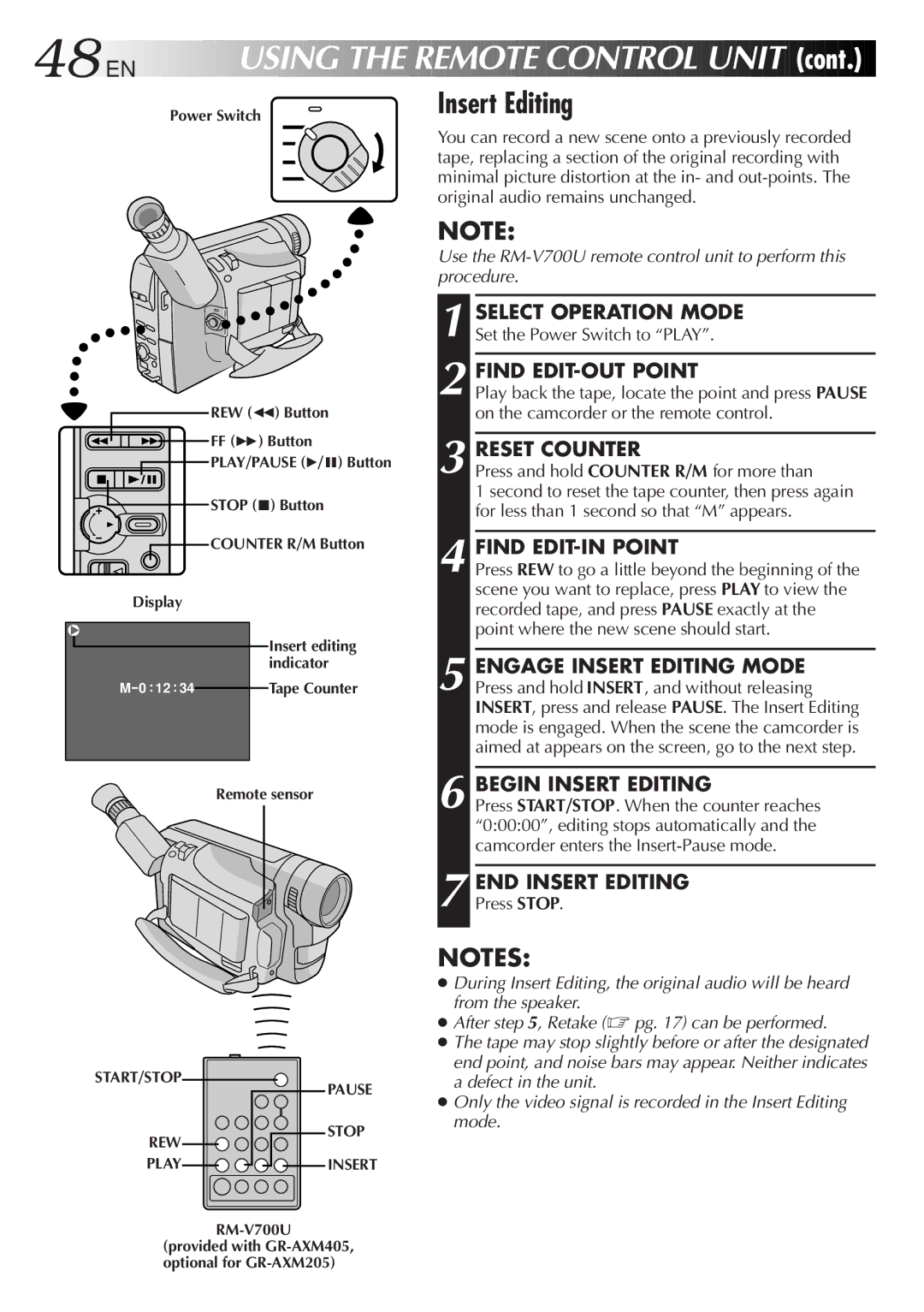 JVC GR-AXM405, GR-AXM205 manual EN Using the Remote Control Unit, Insert Editing 