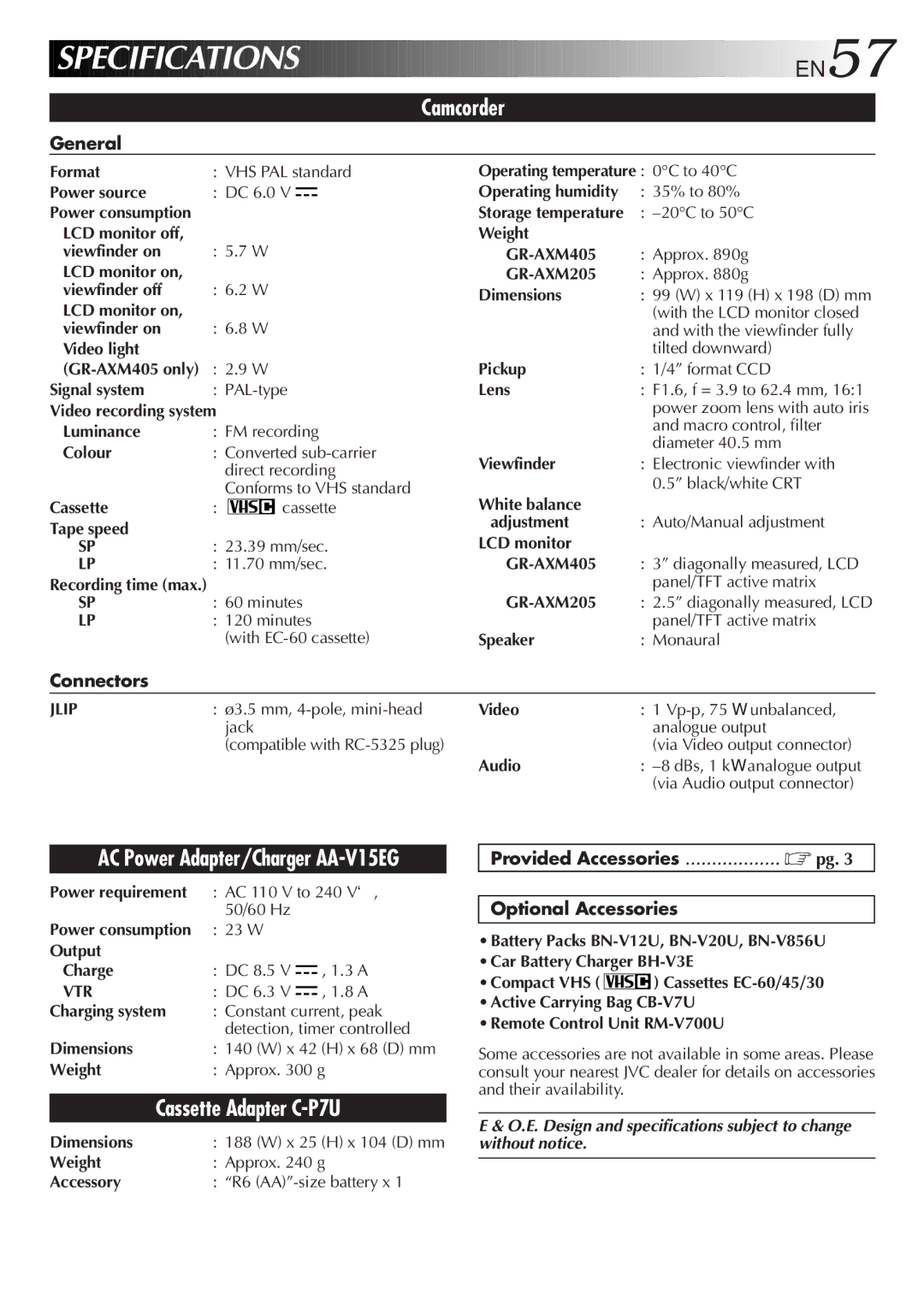 JVC GR-AXM205, GR-AXM405 manual General, Connectors, Provided Accessories Optional Accessories 