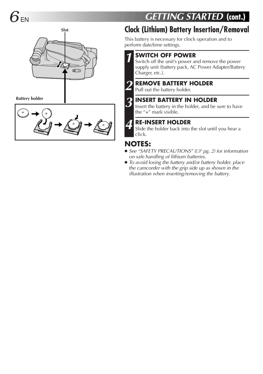 JVC GR-AXM405, GR-AXM205 manual Getting Started, Clock Lithium Battery Insertion/Removal 