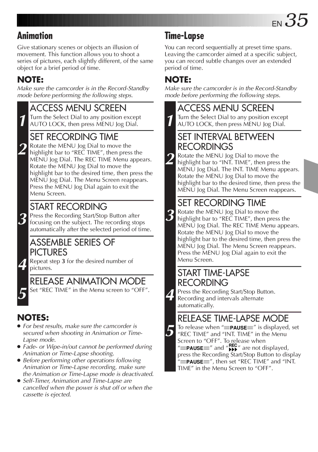 JVC LYT0075-001A, GR-AXM43 manual Time-Lapse, Release Animation Mode, SET Interval Between Recordings, SET Recording Time 