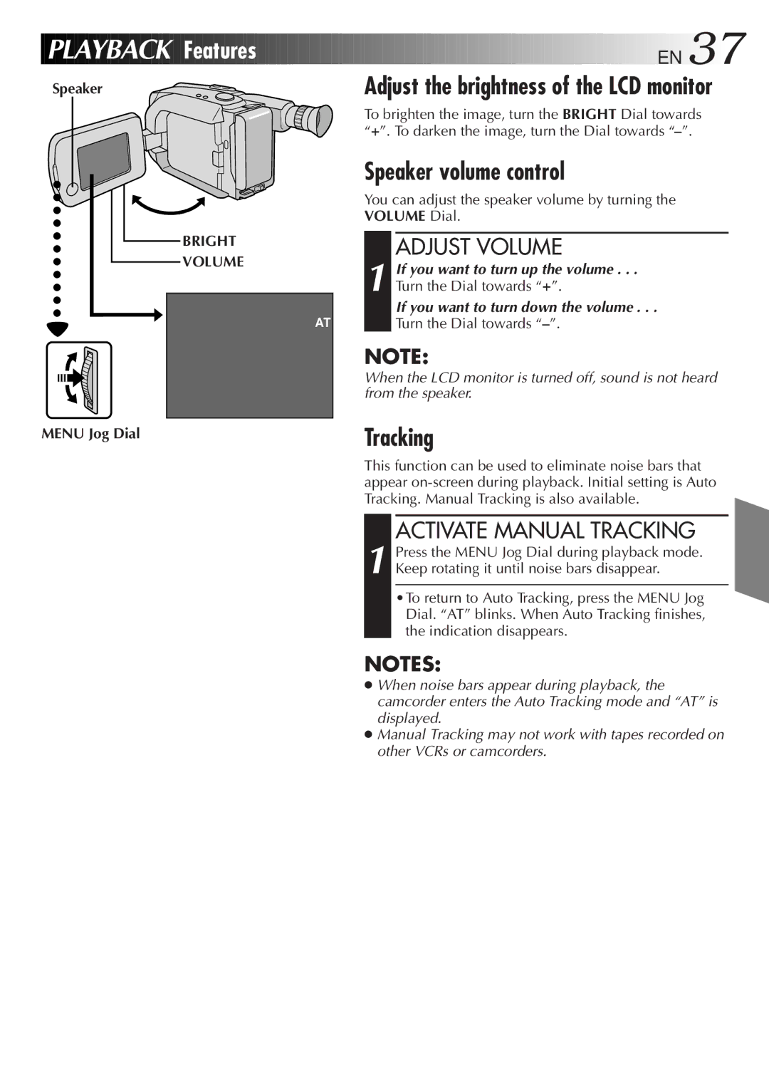 JVC LYT0075-001A, GR-AXM43 manual Speaker volume control, Adjust Volume, Activate Manual Tracking, Bright Volume 