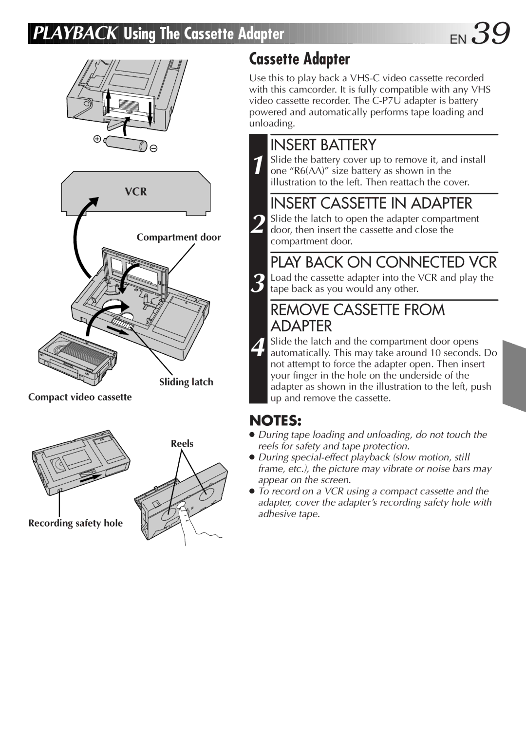 JVC LYT0075-001A, GR-AXM43 manual Using The Cassette Adapter EN, Insert Cassette in Adapter, Play Back on Connected VCR 