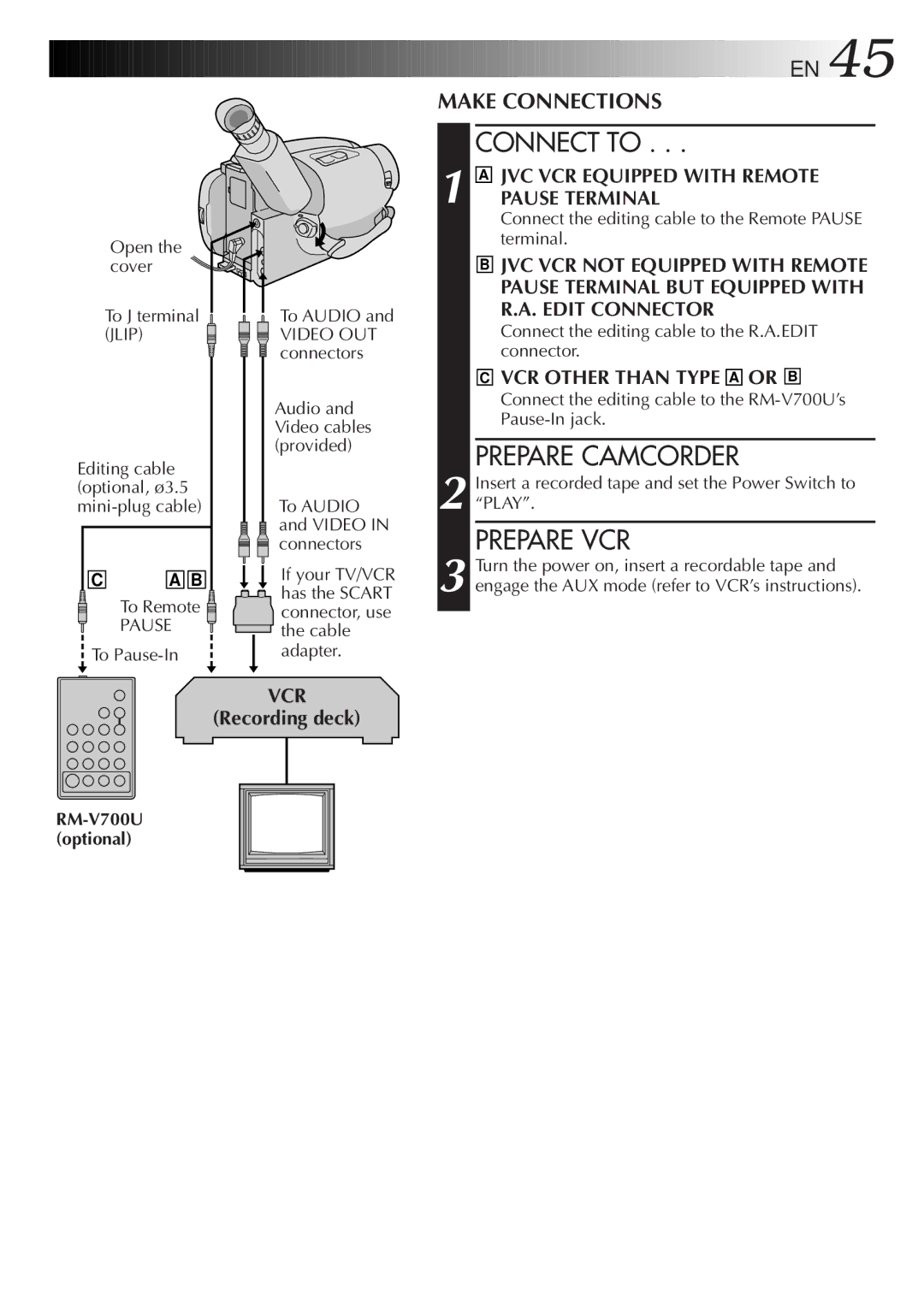 JVC LYT0075-001A, GR-AXM43 manual Connect to, Prepare Camcorder, Prepare VCR 