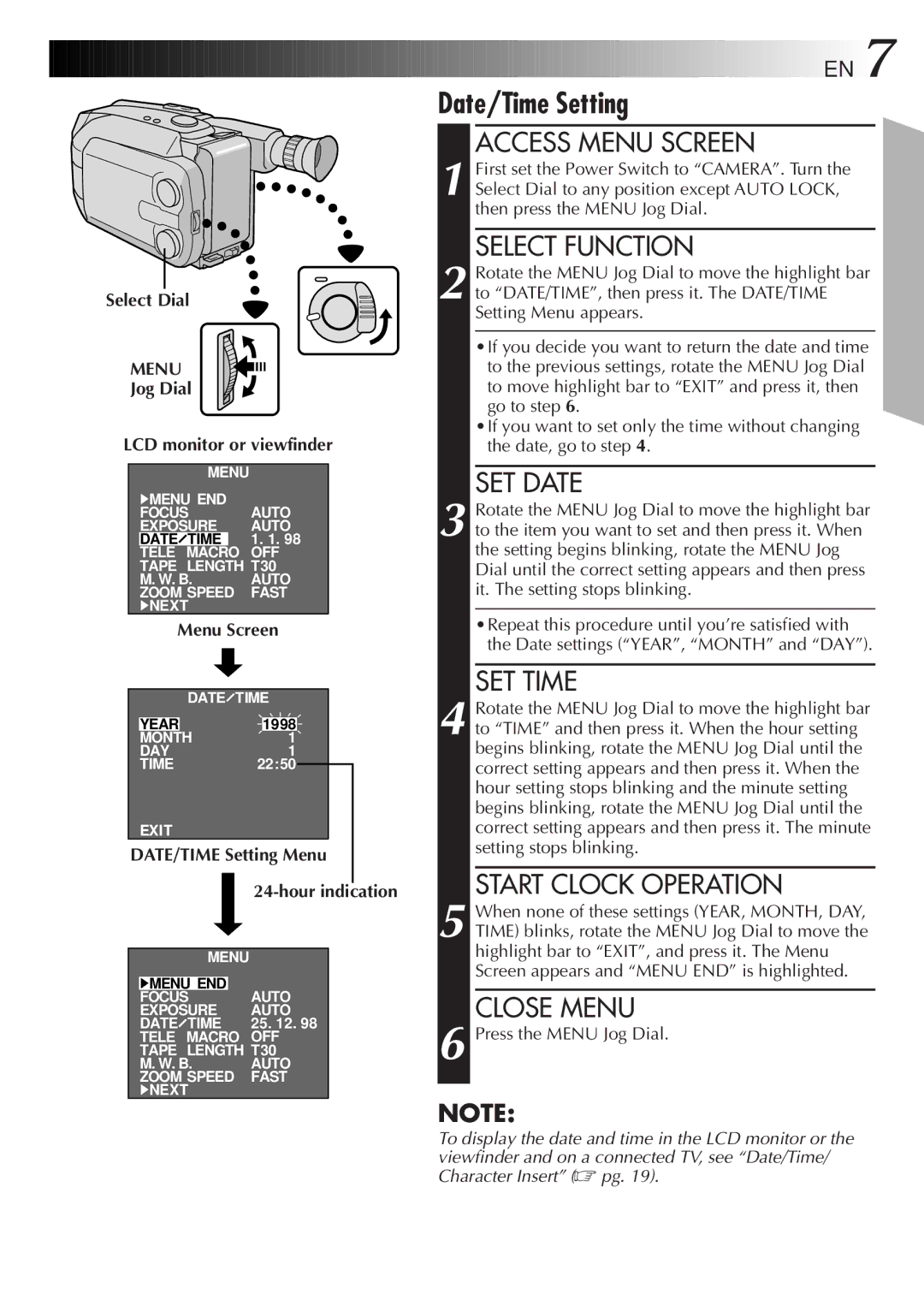 JVC LYT0075-001A, GR-AXM43 Select Dial, Jog Dial LCD monitor or viewfinder, DATE/TIME Setting Menu Hour indication 